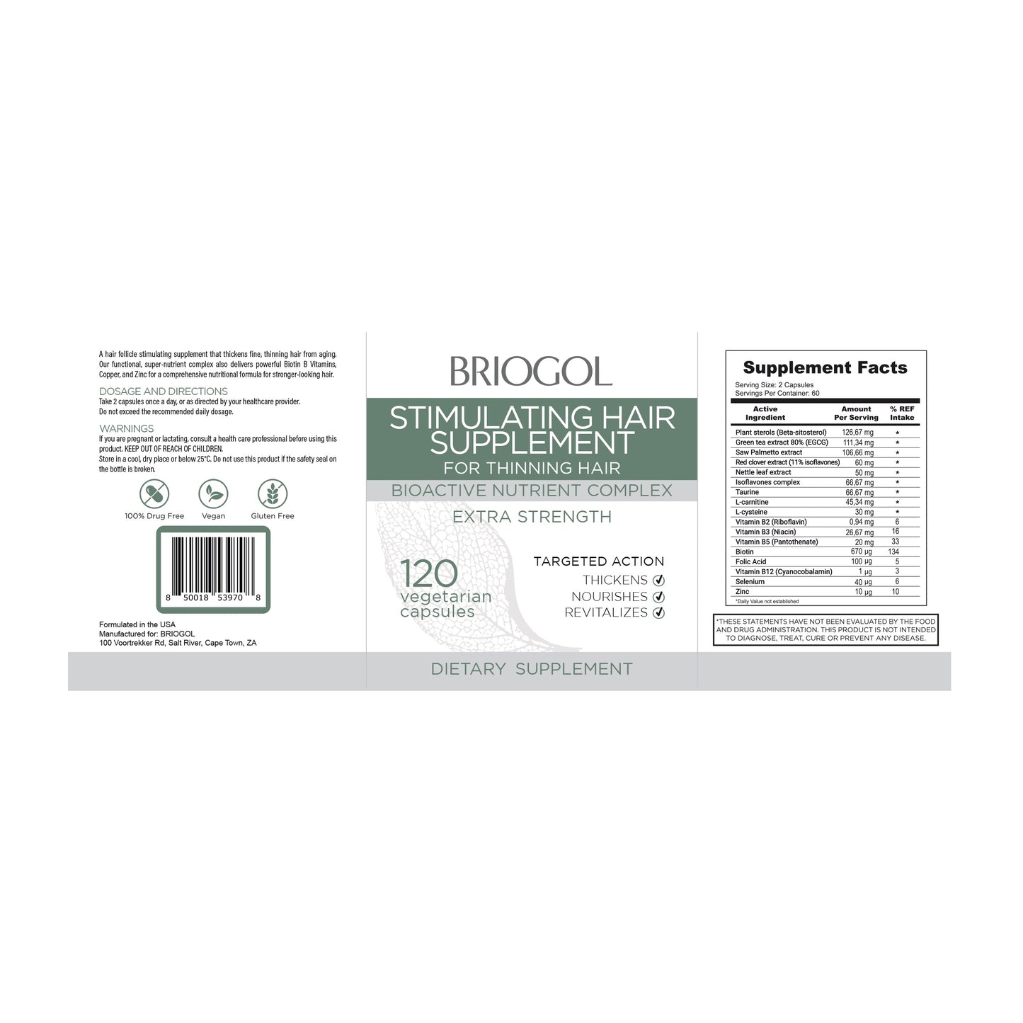 BRIOGOL Hair Loss Supplement Pills - DHT Blocker (120 Capsules)