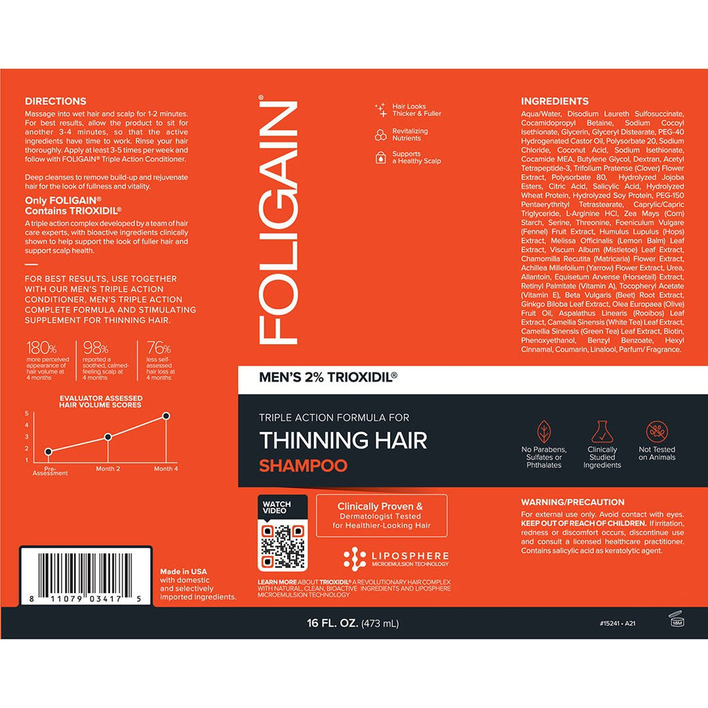 FOLIGAIN Triple Action Shampoo For Thinning Hair For Men with 2% Trioxidil 473ml - HairoFOLIGAIN15241